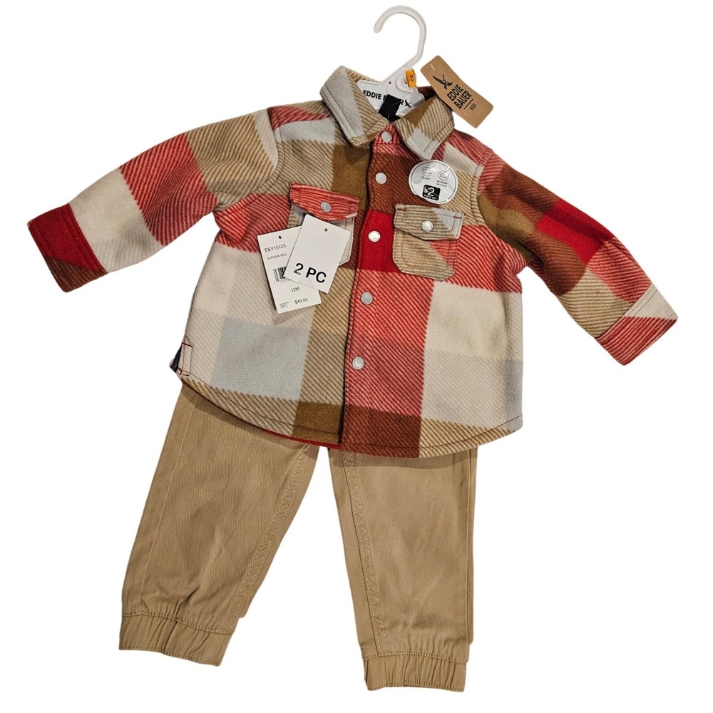 Eddie Bauer Baby Boy 2PC Jogger Set Flannel Shirt and Pants Set Red Plaid 12M